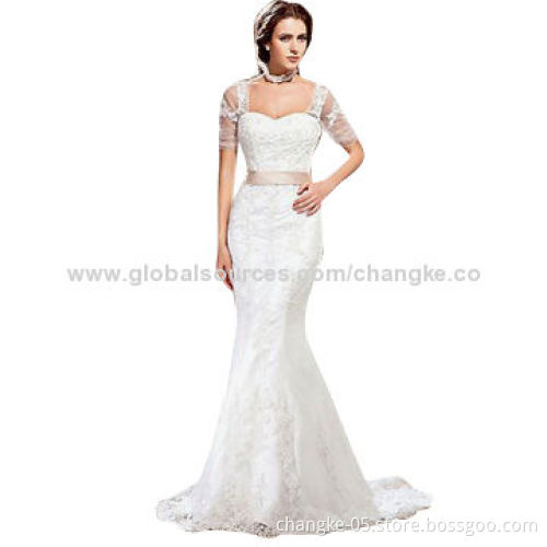 2014 new wedding dress, crew neckline, short sheer sleeves
